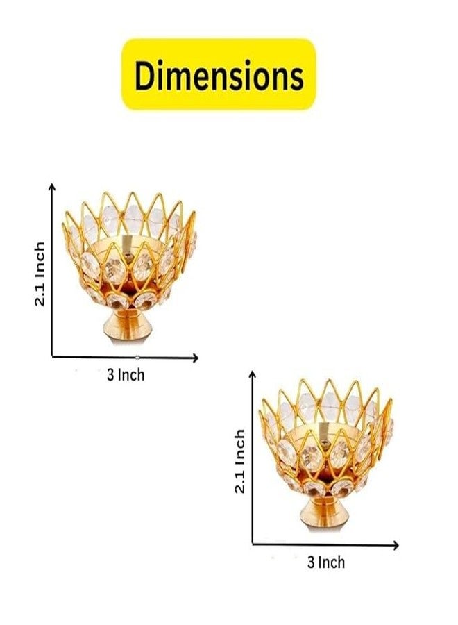 Copperika Golden Brass Crystal Lotus Kamal Shape Round Akhand Diya (Pack of 4 - Size L / W 3 Inc & H - 2.1 Inc) Jyoti Oil Lamp for Home Puja Pooja Temple Mandir Diwali Decoration Items - Image 2